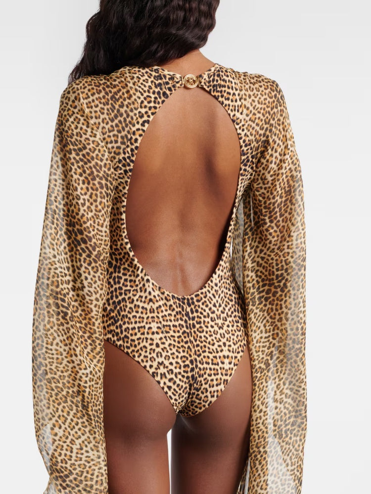 Dvoudílné plavky s leopardím vzorem a síťovinou