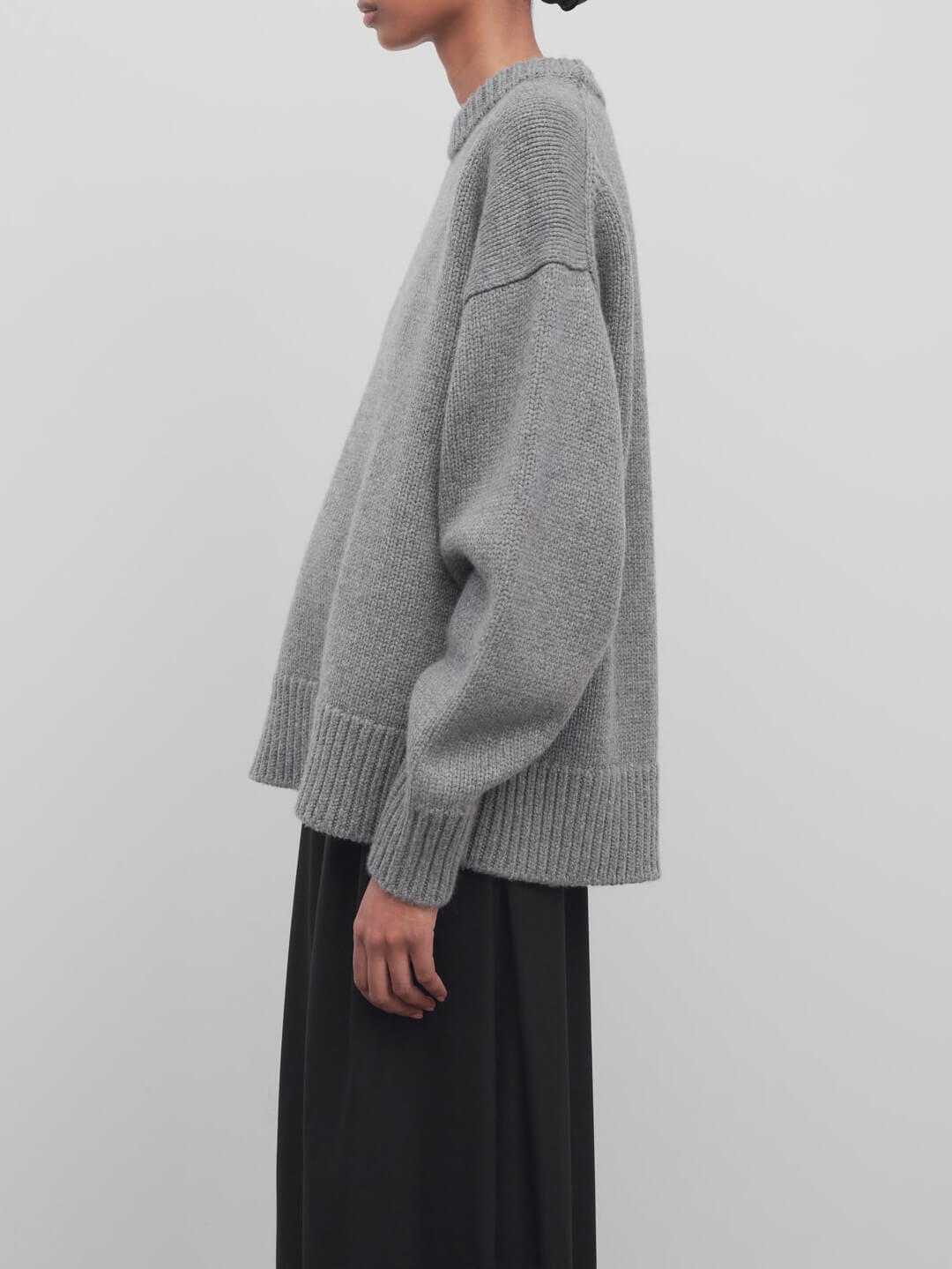 Grey Crewneck Sweater And Stitched Down Pleats Skirt