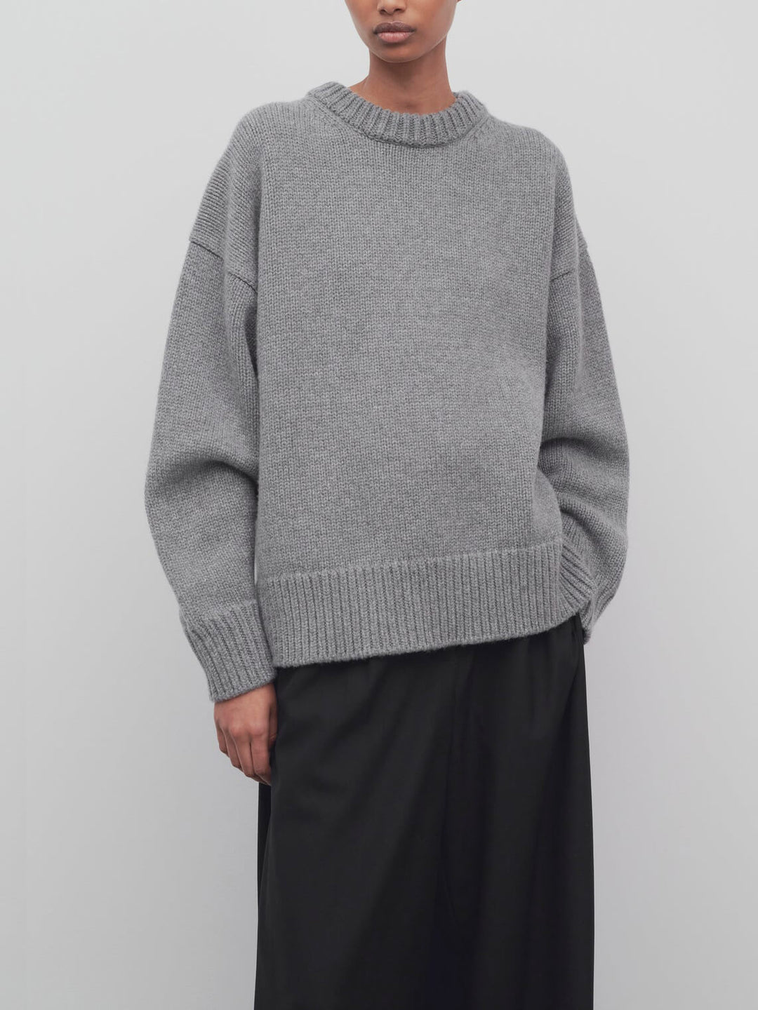 Grey Crewneck Sweater And Stitched Down Pleats Skirt