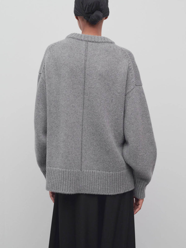 Grey Crewneck Sweater And Stitched Down Pleats Skirt