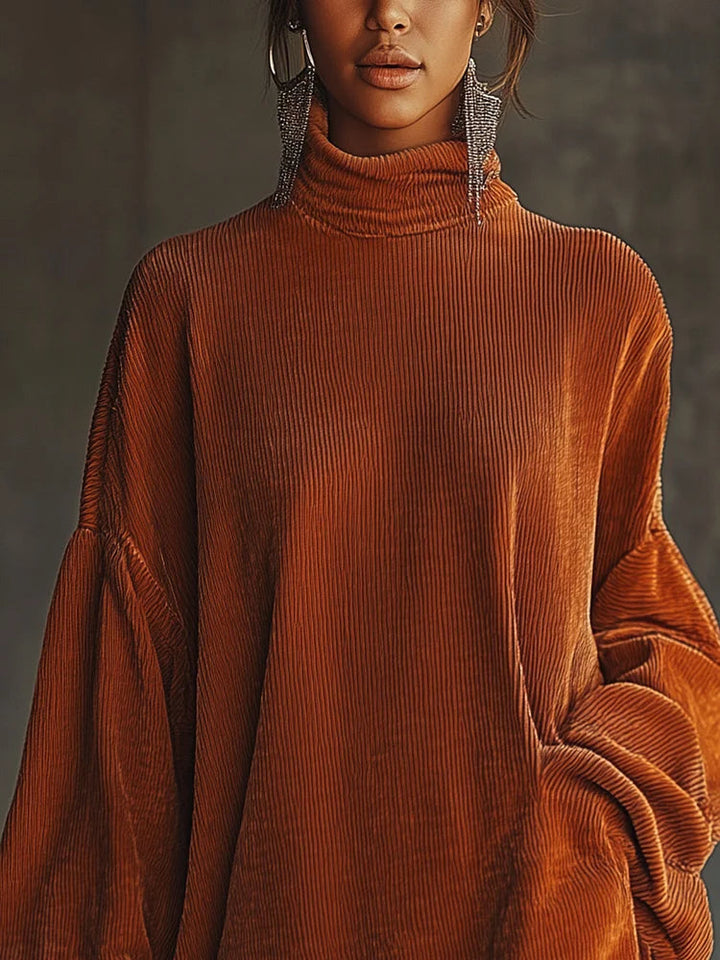 Orange corduroy loose tassel hem high collar dress