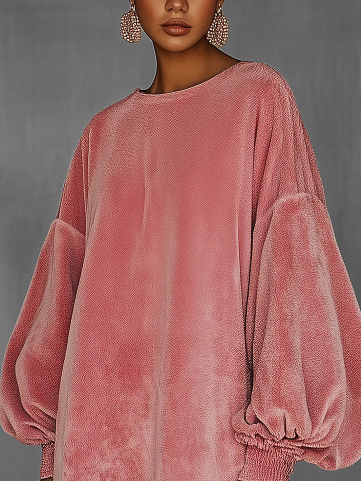 Oversized Pink Fringe Crew Neck Velvet Dress