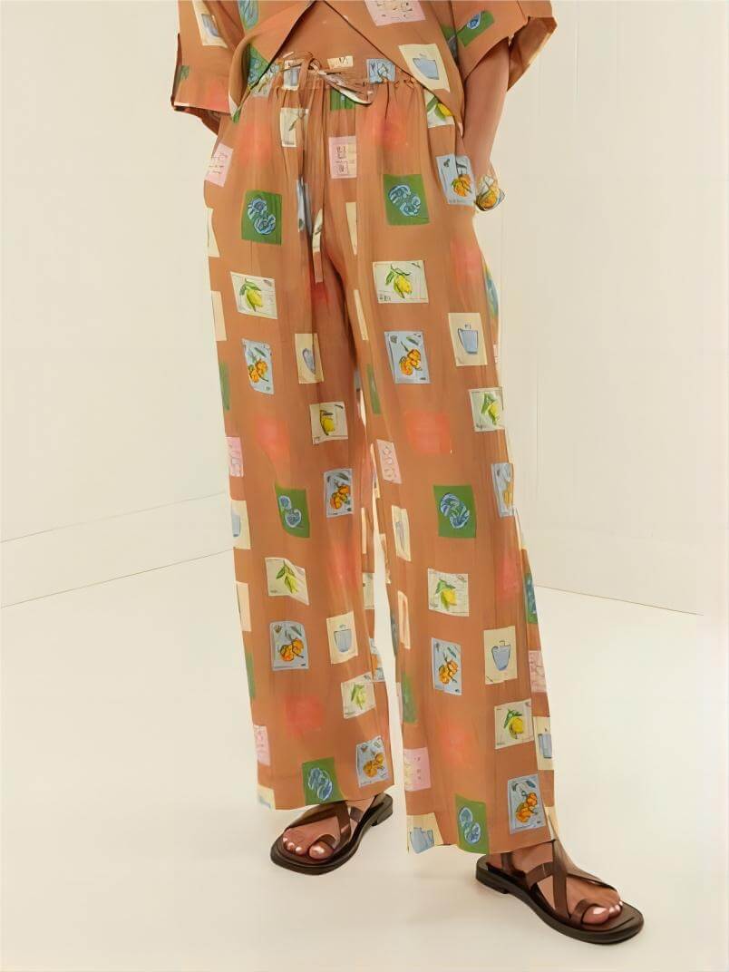 Loose Wide-Leg Trousers With Ethnic Botanical Floral Print-Set