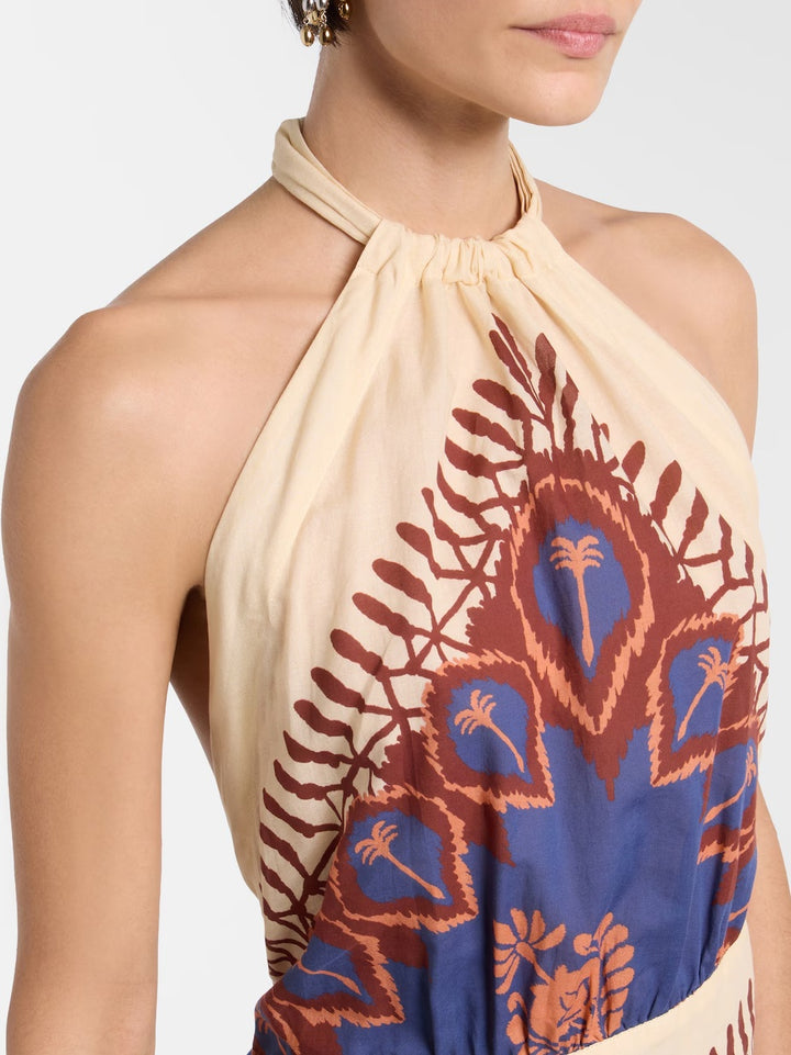 Ornate Halter Open-Back Mini Dress