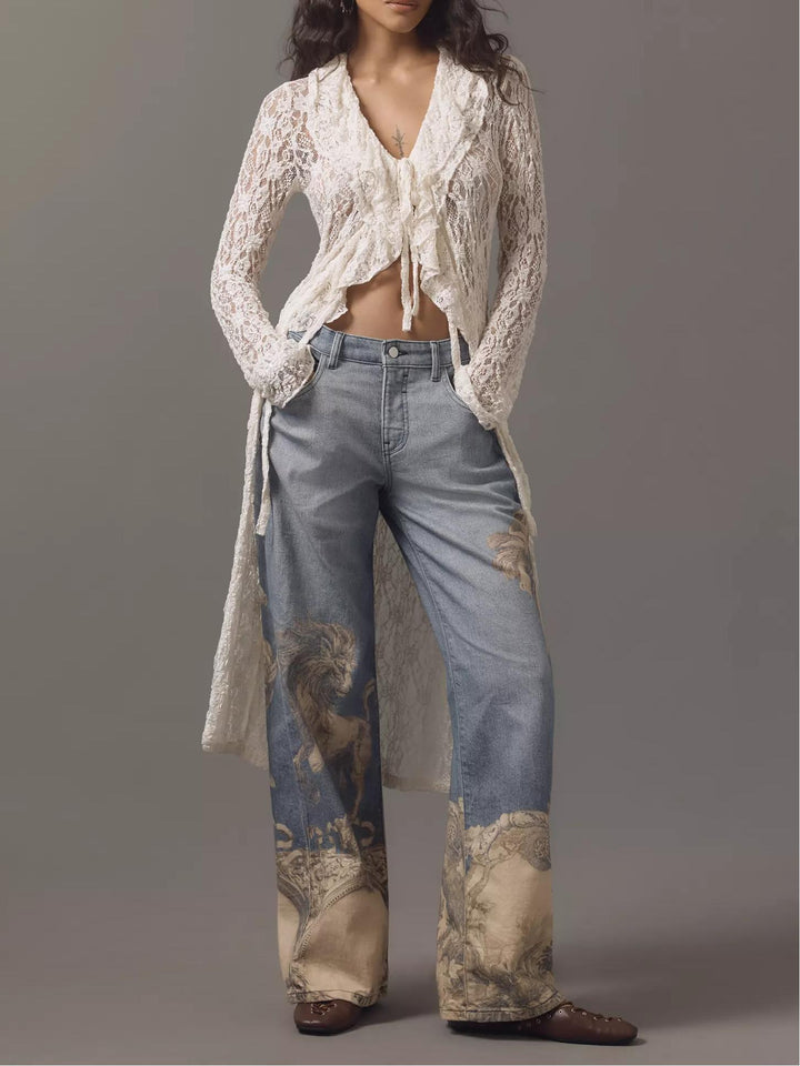 Bohemian Printed Wide Leg Jeans