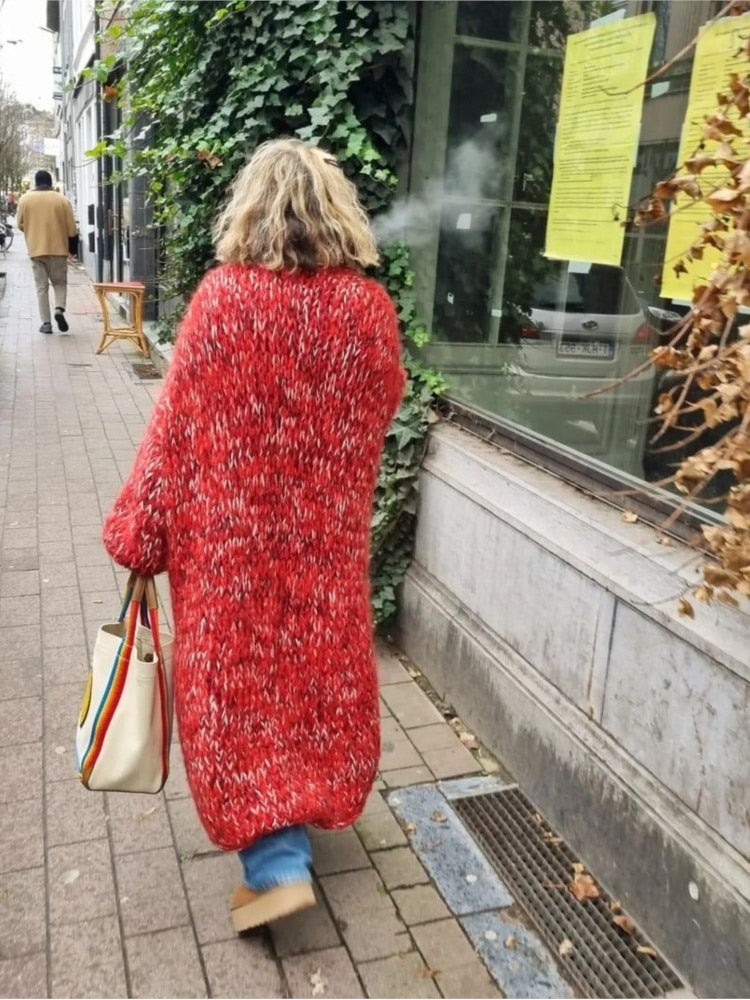 Red Mélange Mohair Knitted O-Neck Long Cardigan