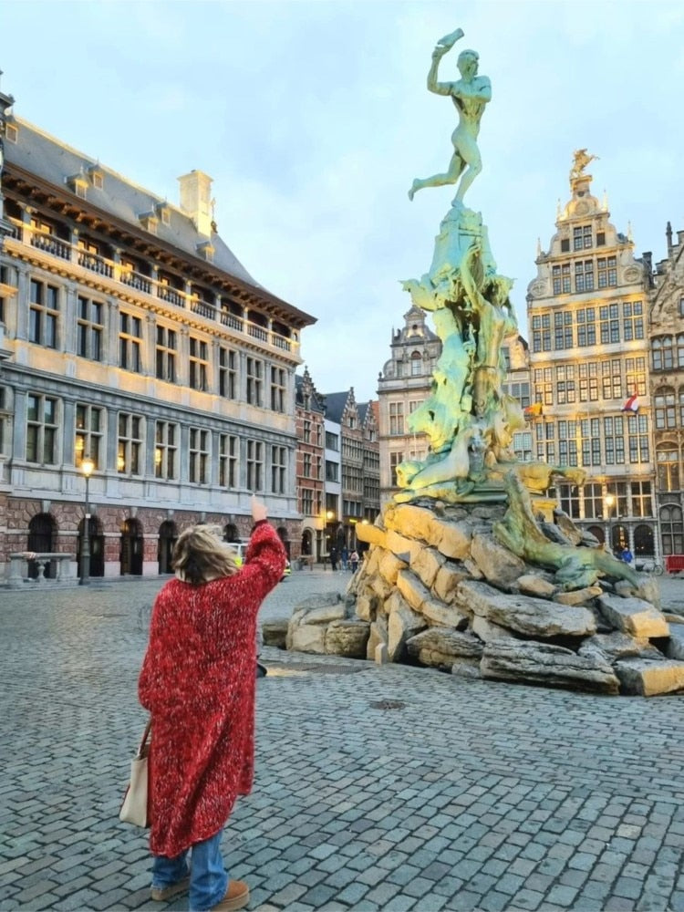 Rood Mélange Mohair Gebreid O-hals Lang Vest