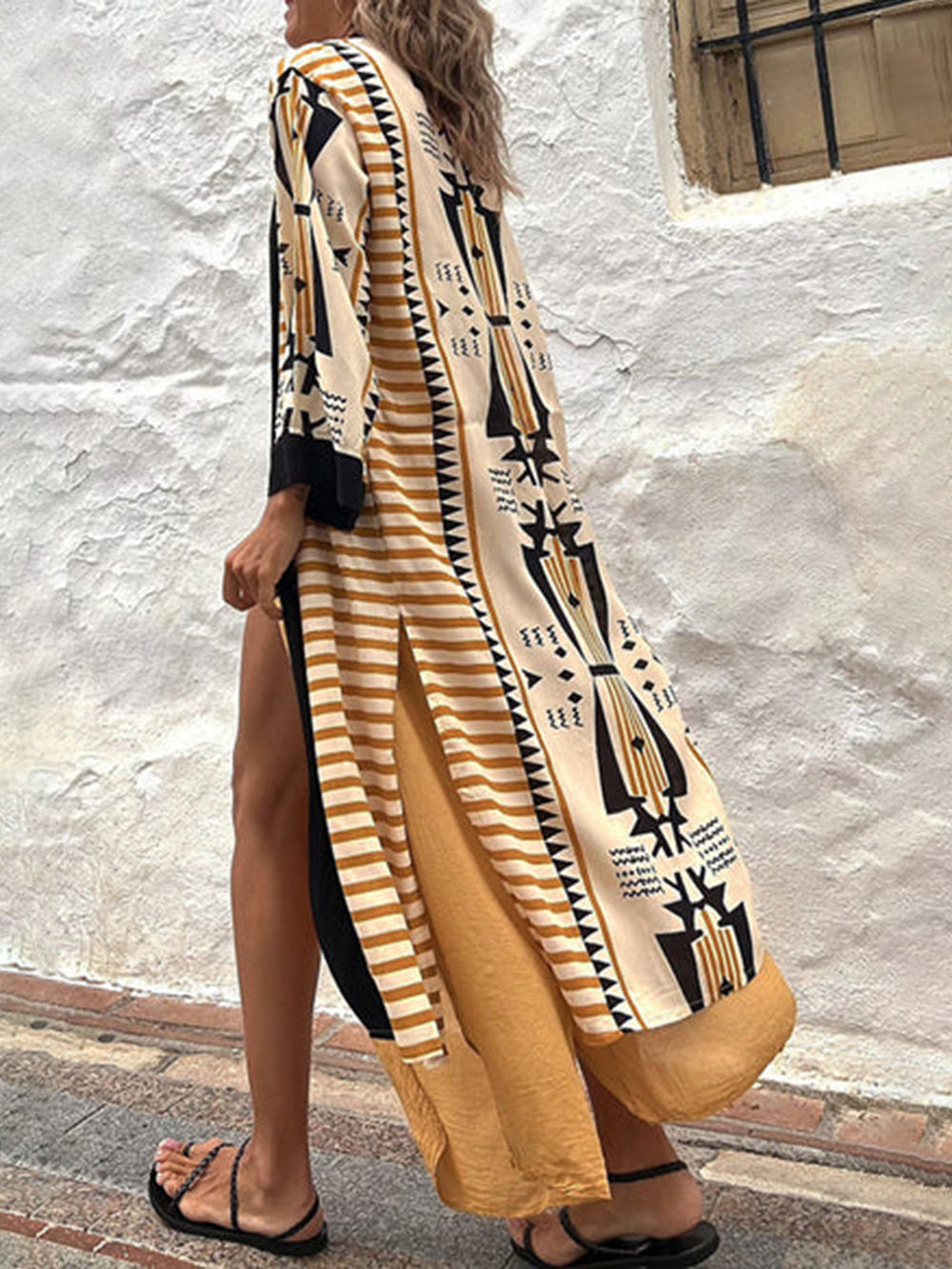 Retro Geometrisk Etnisk Print Åben Front Slid Duster Kimono