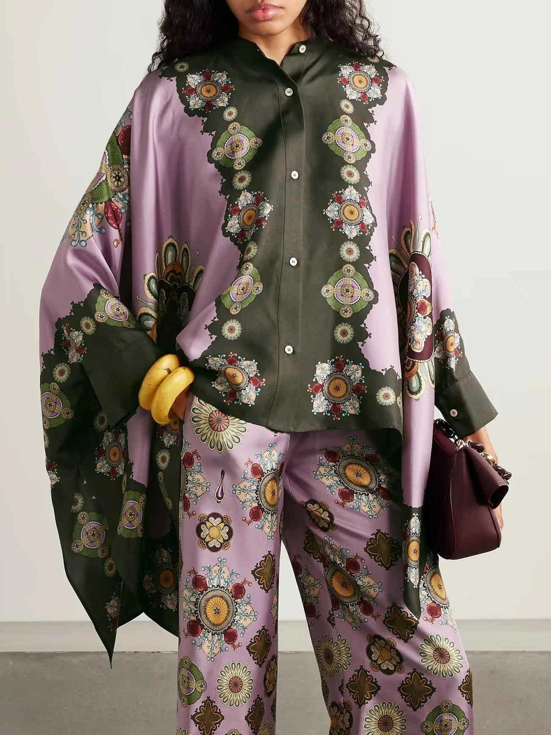 Retro Fine Satin Floral Print Wide Leg Pants Set