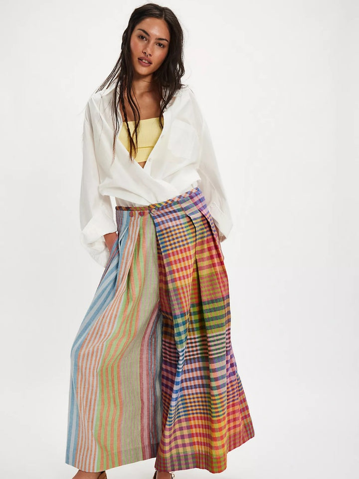 Patchwork Plaid Linen Wide-Leg Crops