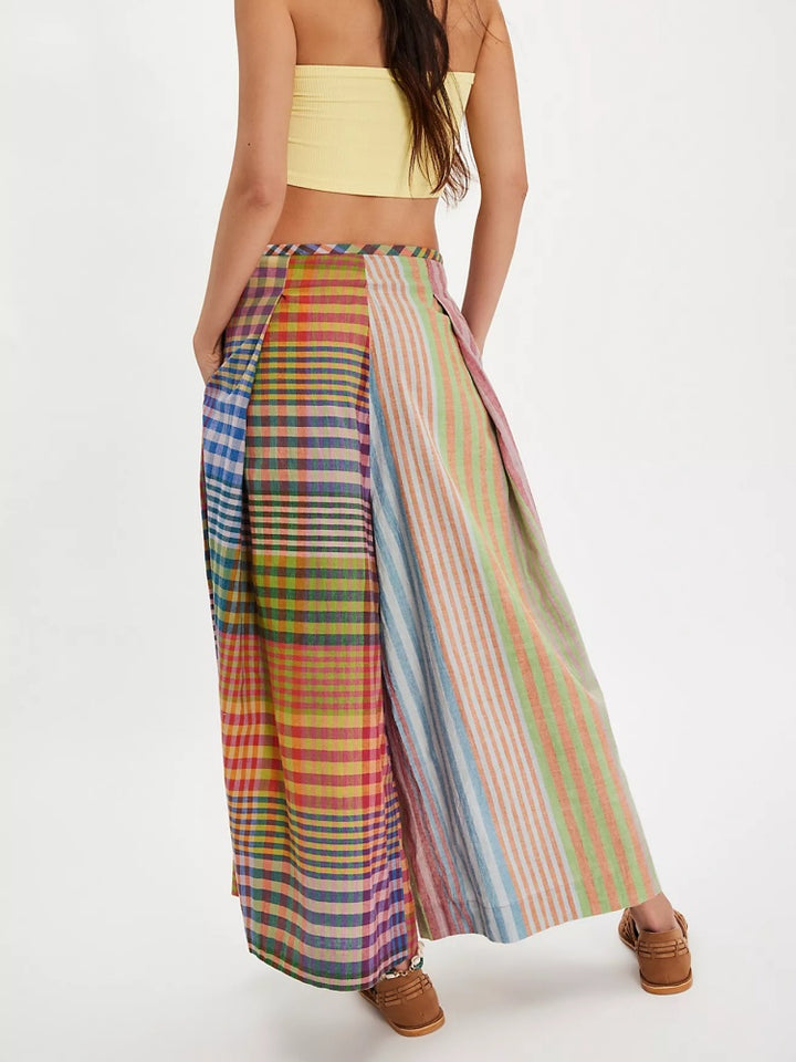 Patchwork Plaid Linen Wide-Leg Crops