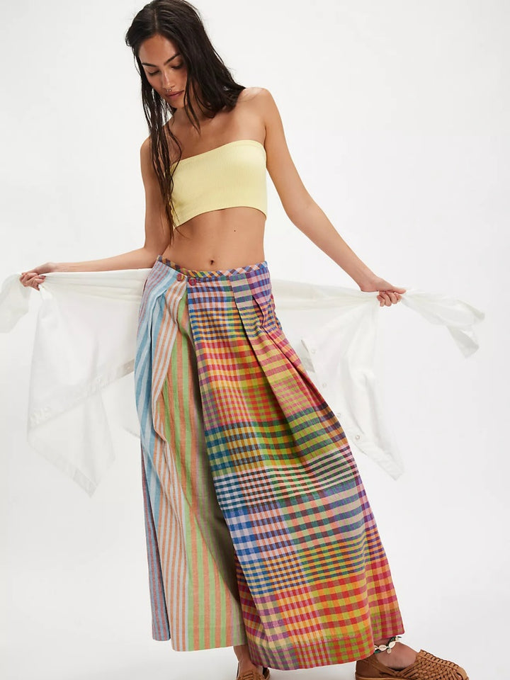 Patchwork Plaid Linen Wide-Leg Crops