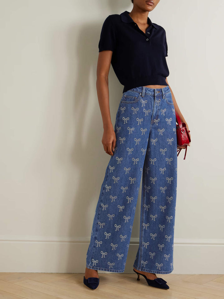 Bow Crystal-Embellished High-Rise Wide-Leg Jeans