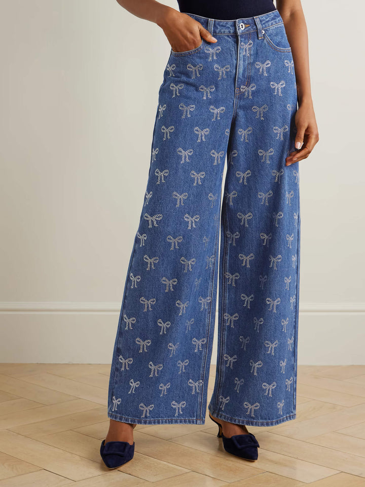 Bow Crystal-Embellished High-Rise Wide-Leg Jeans