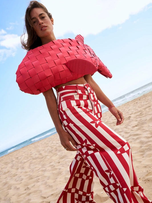 Fish Print Striped Wide Leg Pants