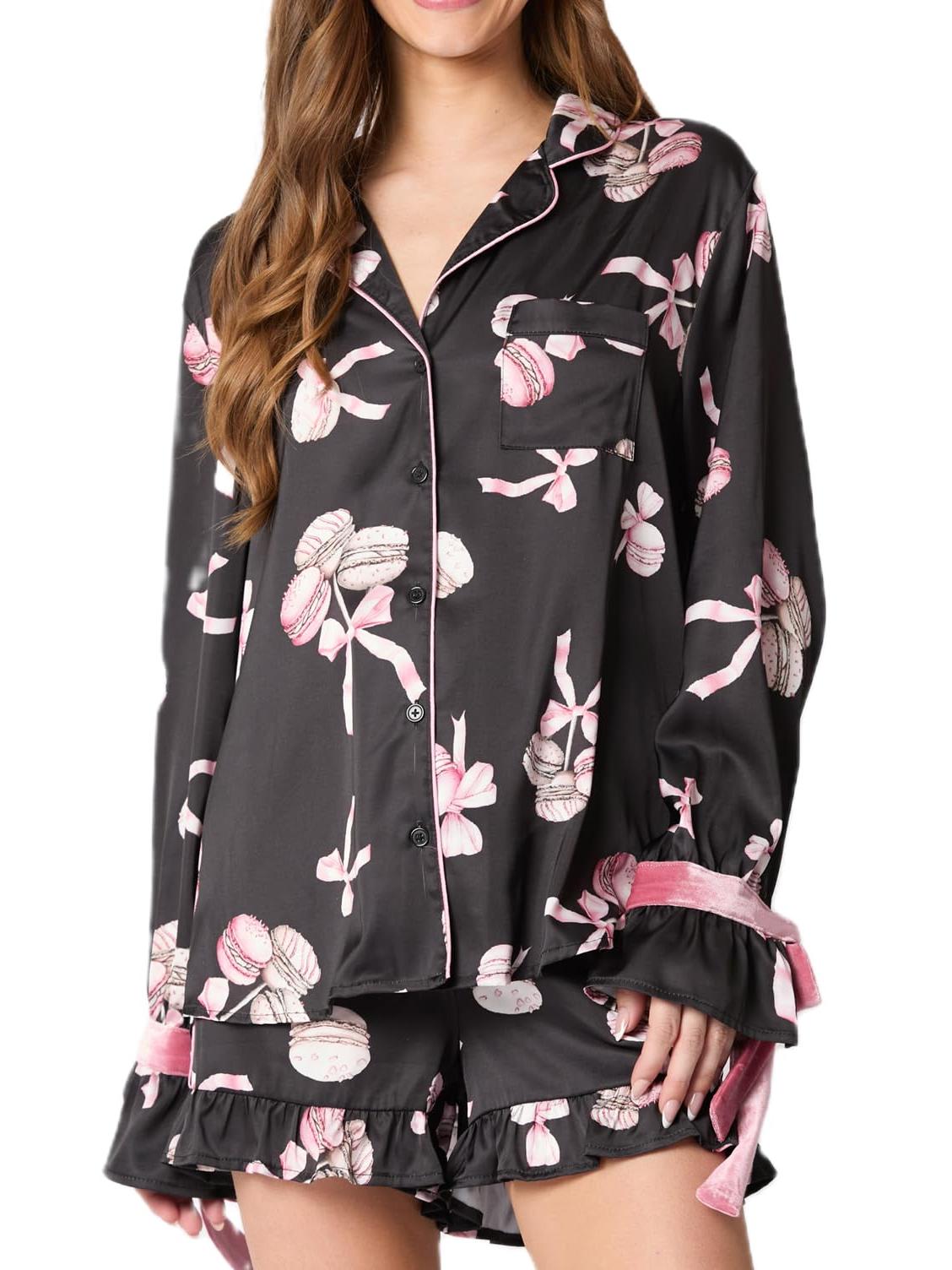 Sort pyjamas sæt sløjfemanchetter