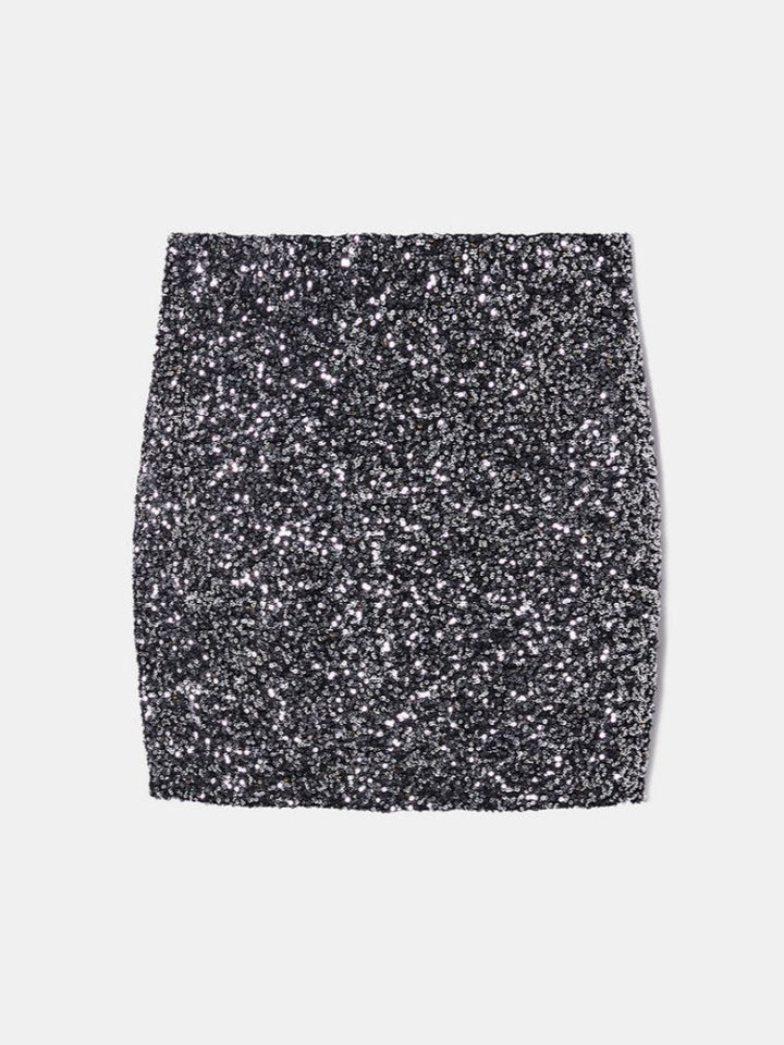 Black Sequin Long Sleeve Knit Top at Mini Skirt