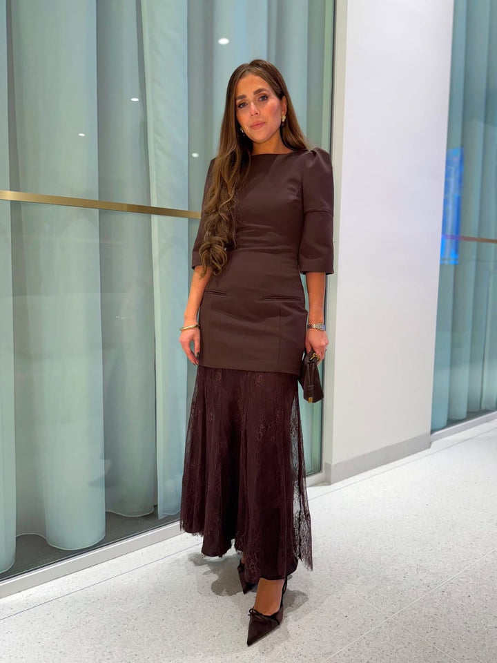 Brown Layered Blazer & Lace Dress