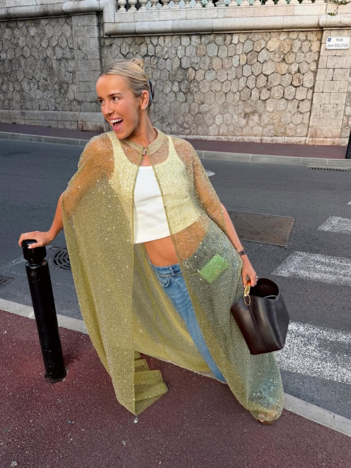 Glitter Sheer Cape Maxi Kimono
