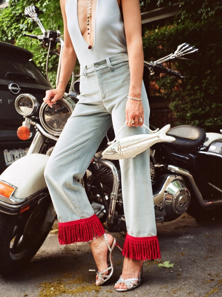 Red Fringe Cropped Flared Jeans