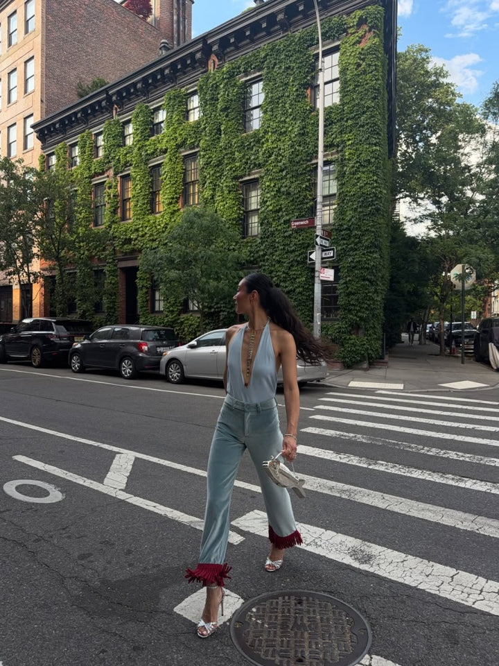 Red Fringe Cropped Flared Jeans