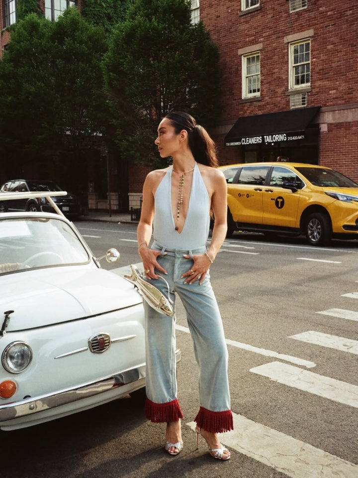 Red Fringe Cropped Flared Jeans