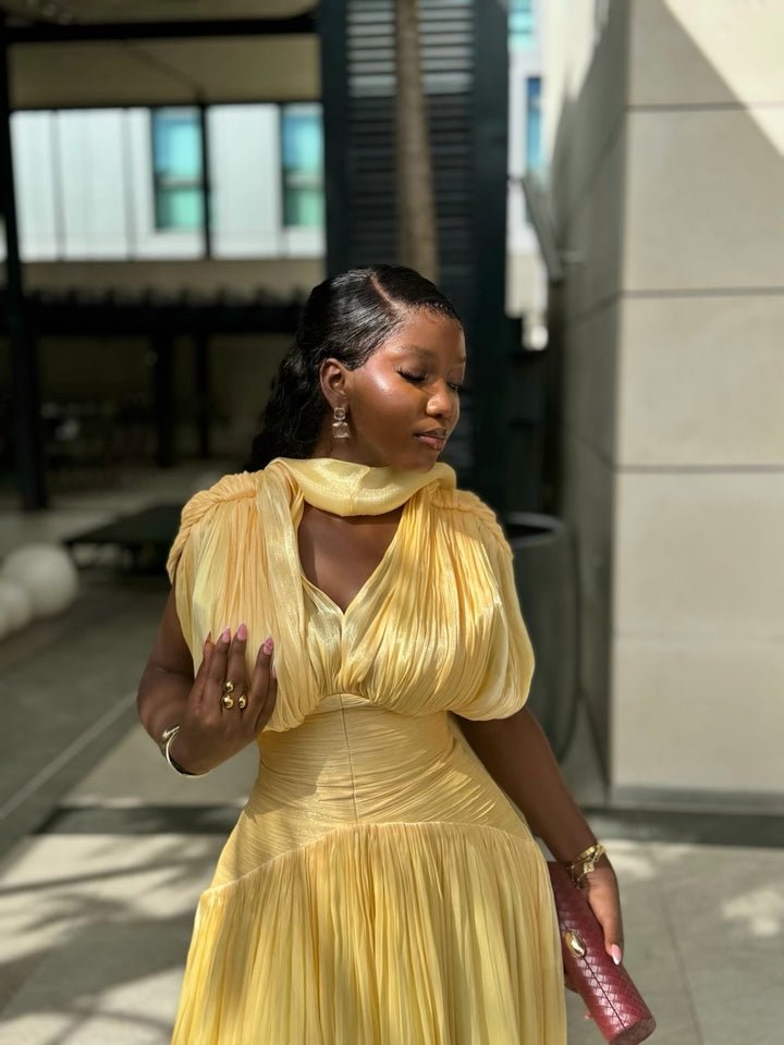 Golden Pleated Maxi Dress
