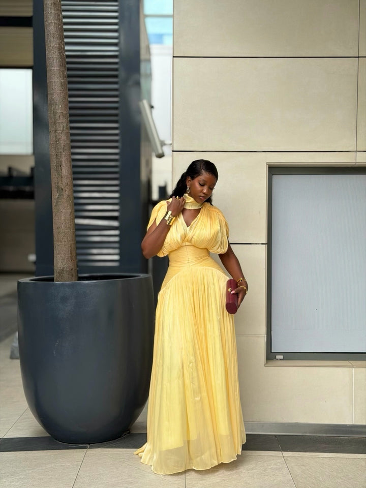 Golden Pleated Maxi Dress
