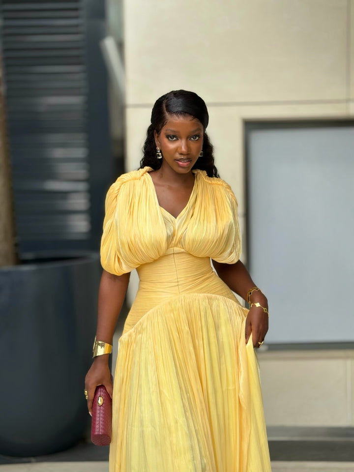 Golden Pleated Maxi Dress