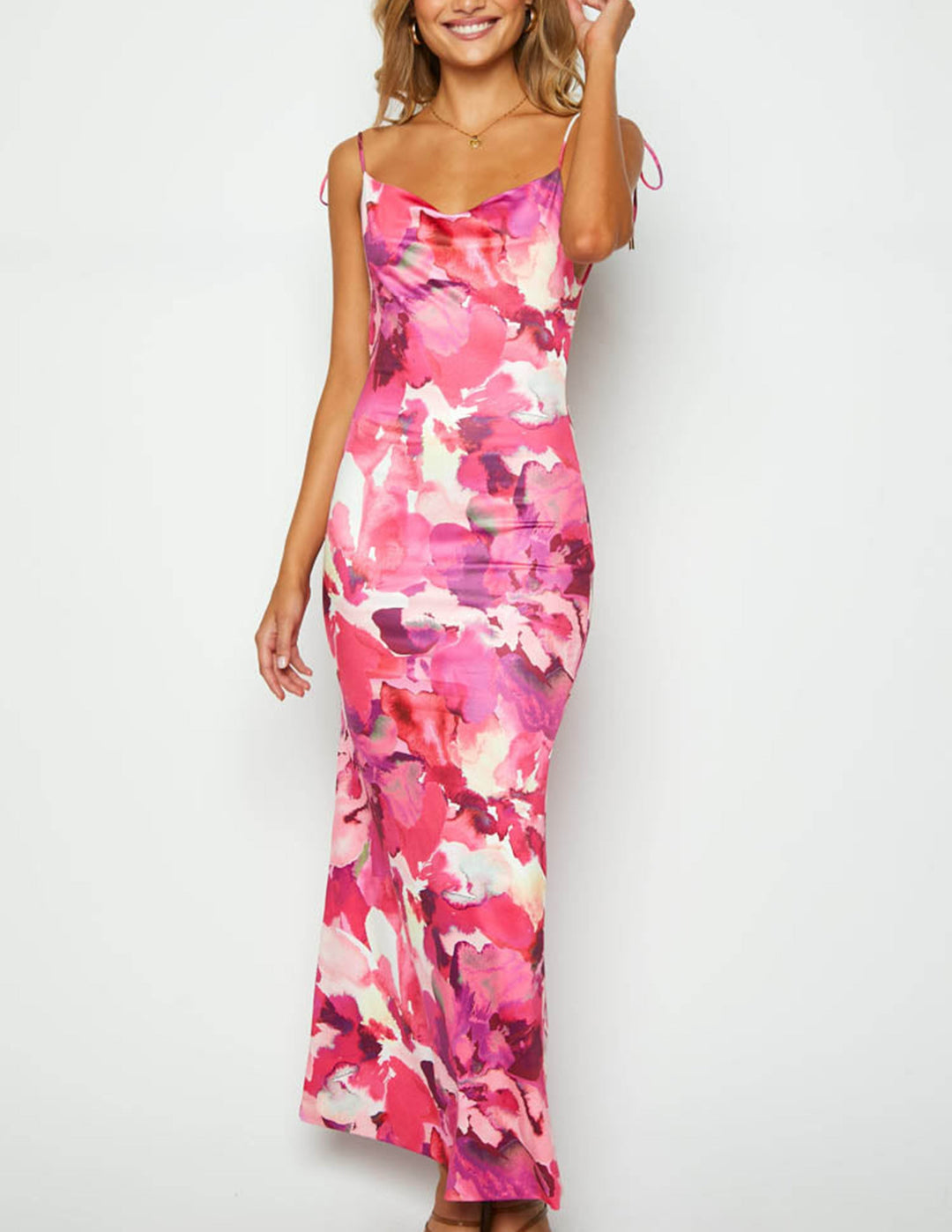 Maxi Dress na walang manggas na Backless na Pink Print