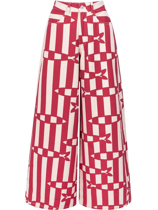 Fish Print Striped Wide Leg Pants