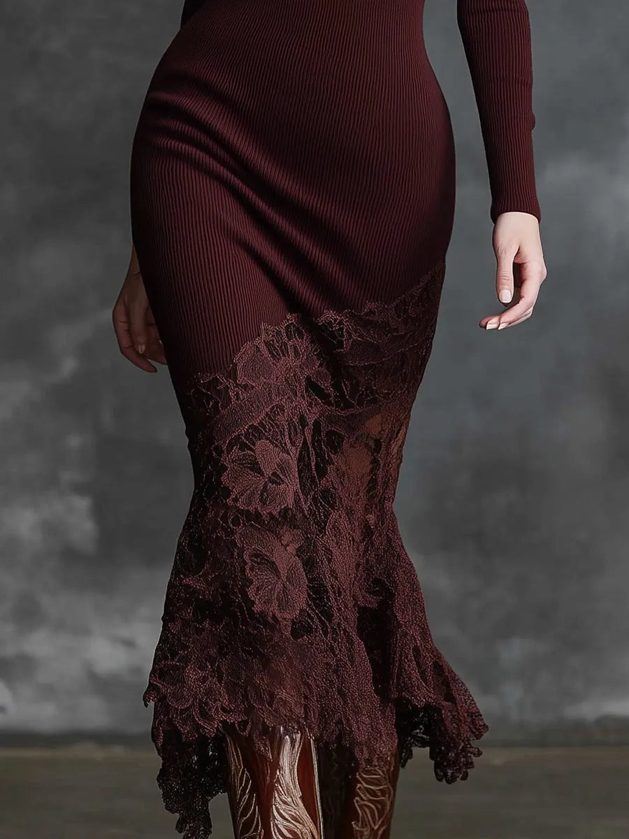 Elegant High-neck Lace Hem Burgundy Maxi Dress