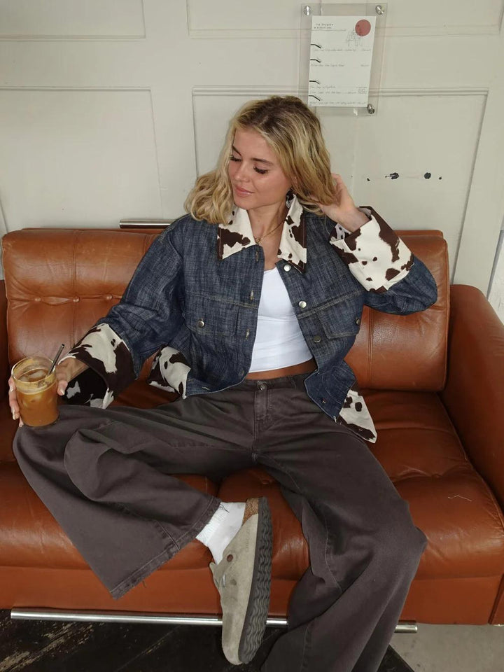 Dairy Cow Print Splicing Denim Jacket