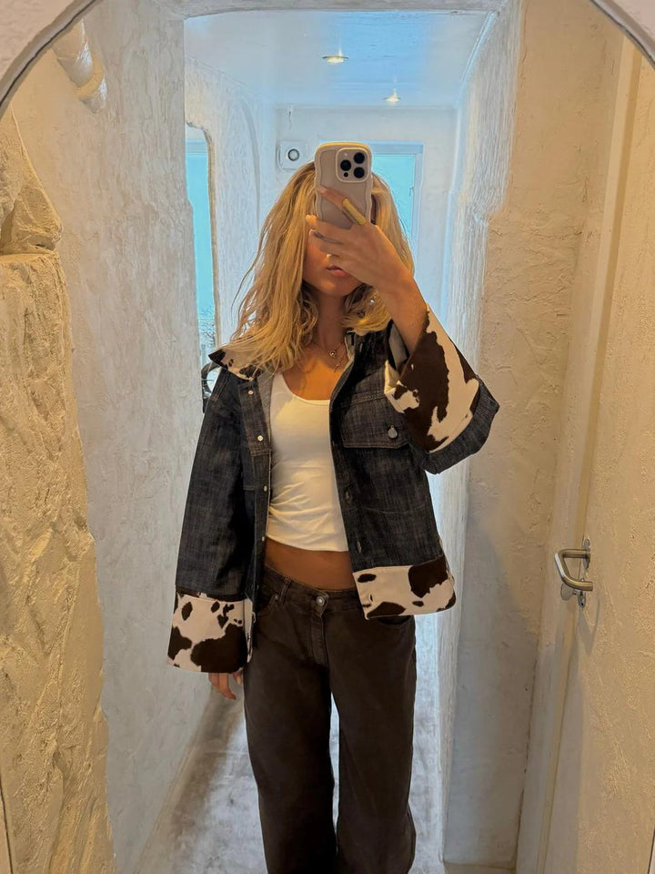 Dairy Cow Print Splicing Denim Jacket