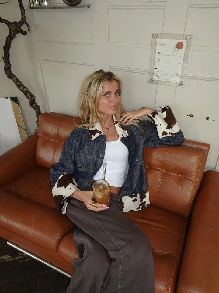 Dairy Cow Print Splicing Denim Jacket