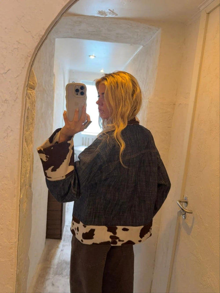 Dairy Cow Print Splicing Denim Jacket