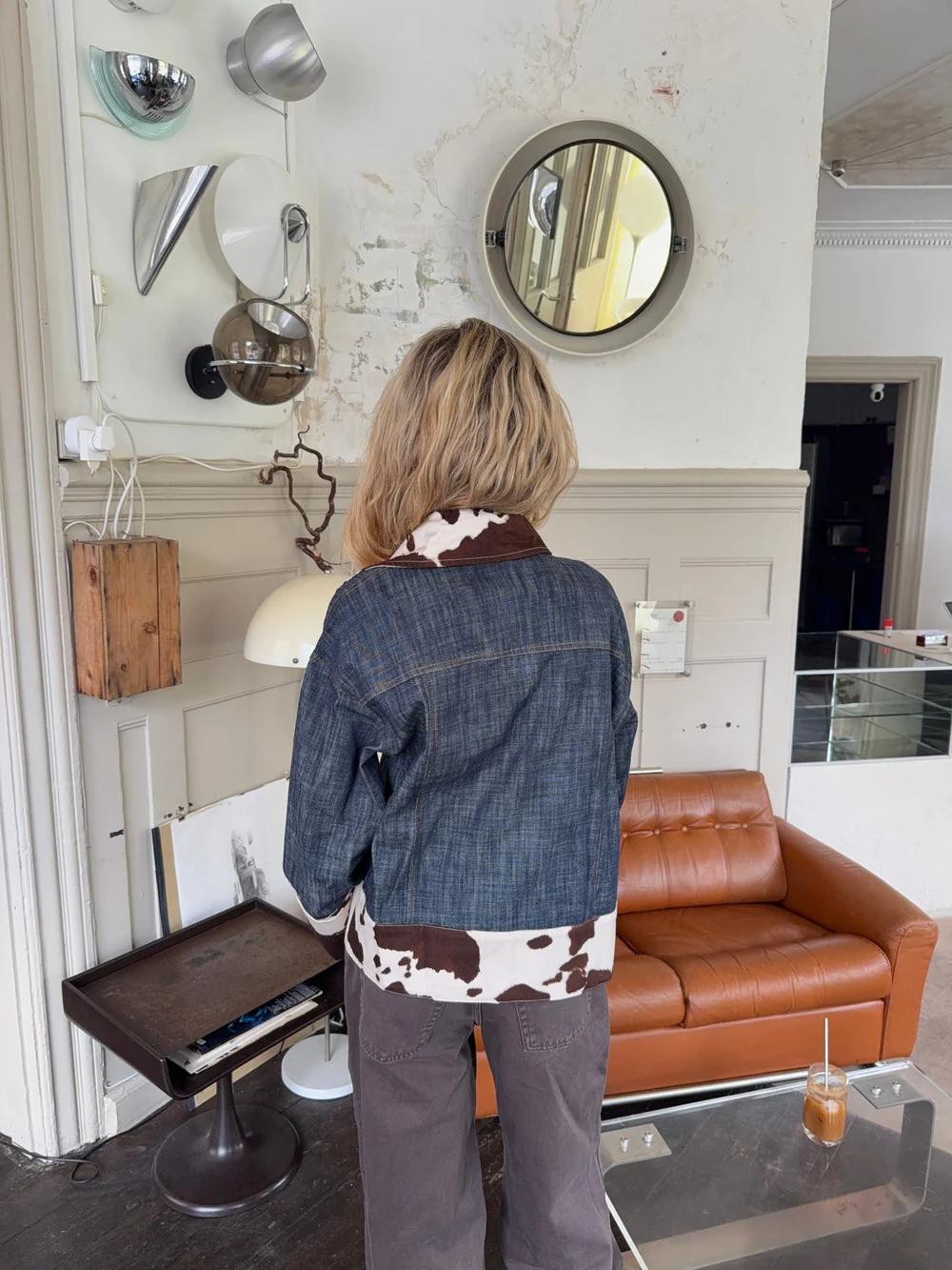 Dairy Cow Print Splicing Denim Jacket