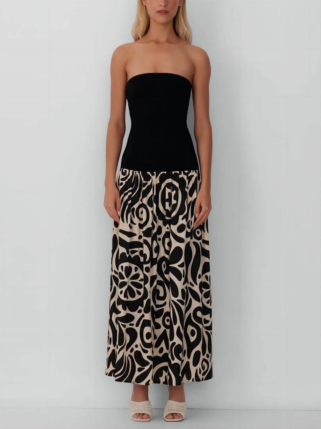 Modna sukienka maxi bez ramiączek w kwiatowy print