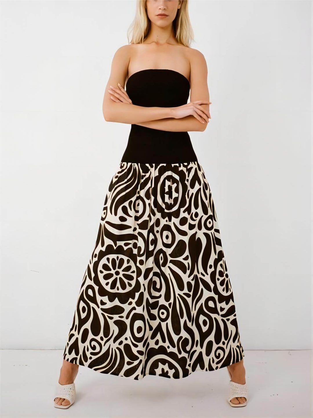 Moda Straplez Çiçek Desenli Maxi Elbise