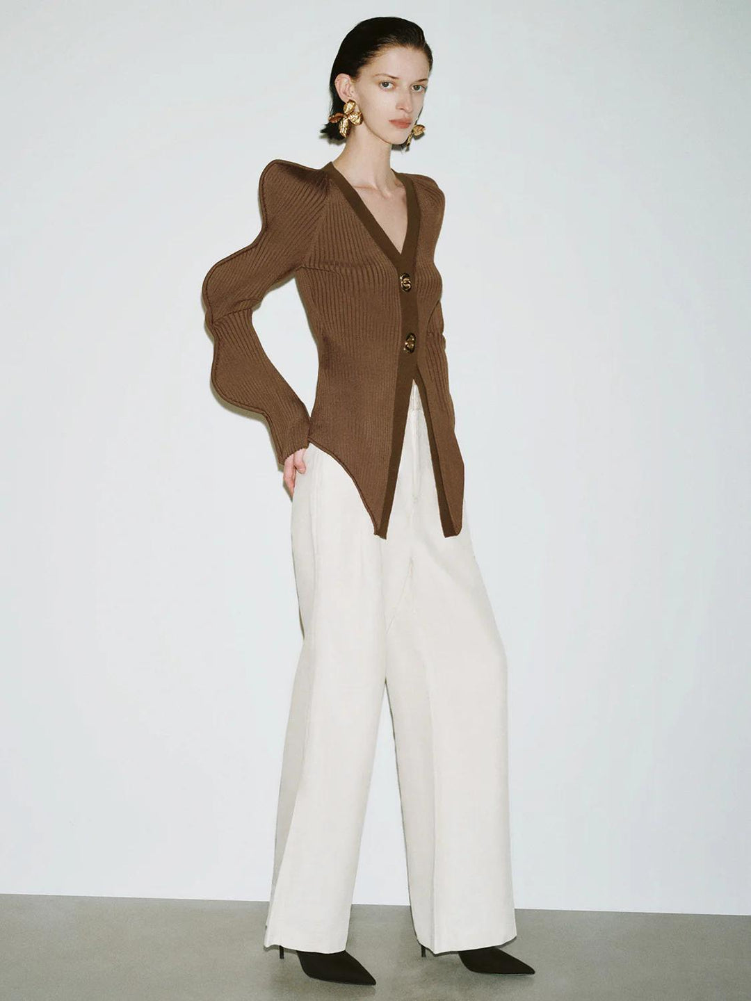 Sculptural Wave Sleeve Ribbed Knit Cardigan