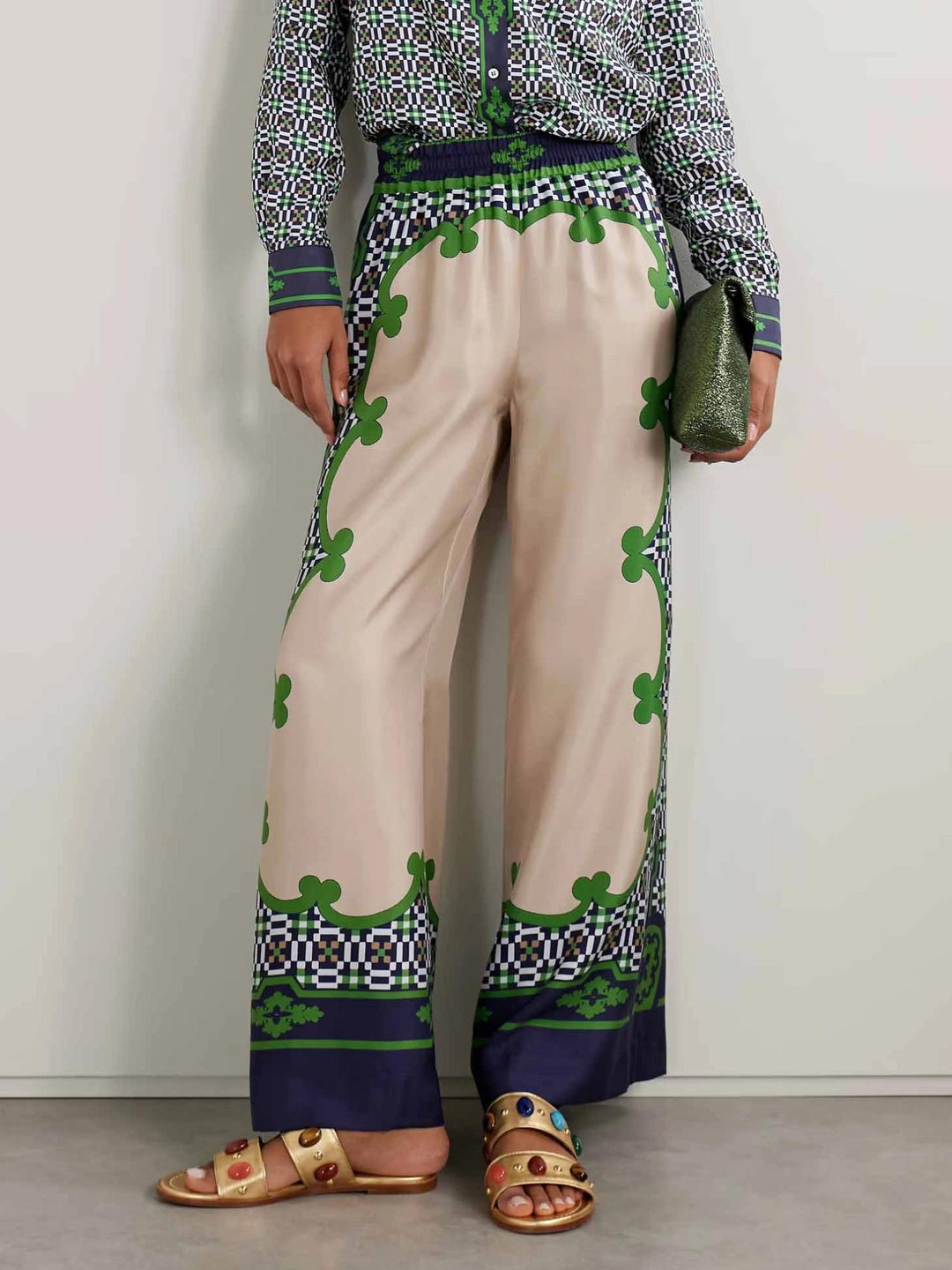 Unique Geometric Print Satin Wide leg Pants Set