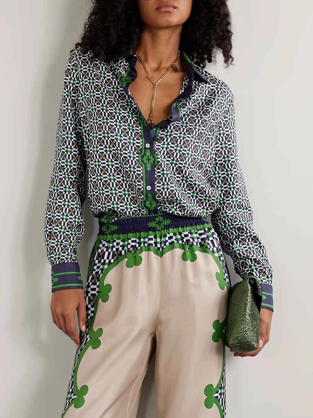 Unique Geometric Print Satin Wide leg Pants Set