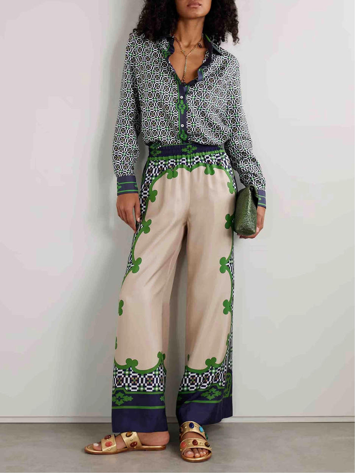 Unique Geometric Print Satin Wide leg Pants Set