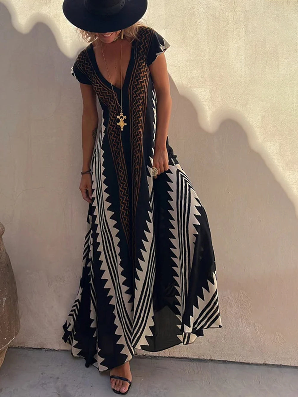 Vestido maxi com estampa asteca boêmia Shannon