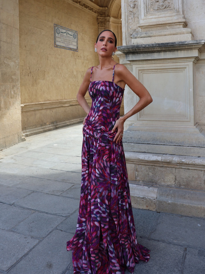 Abstract Petal Draped Maxi Dress
