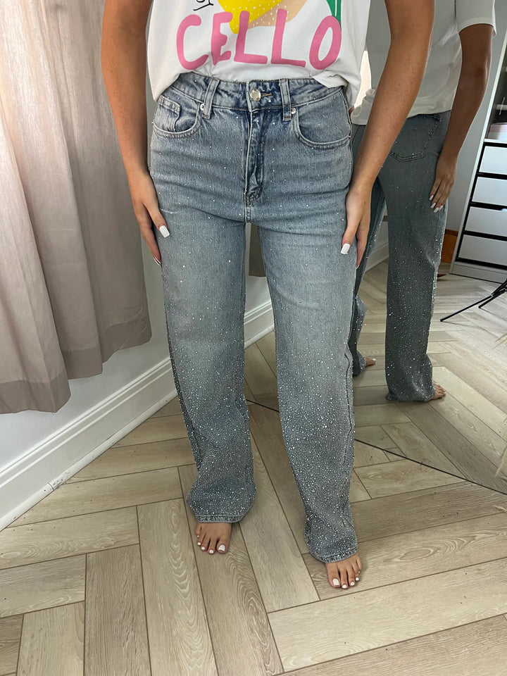 Vintage Washed Gradient Rhinestone Wide-Leg Jeans