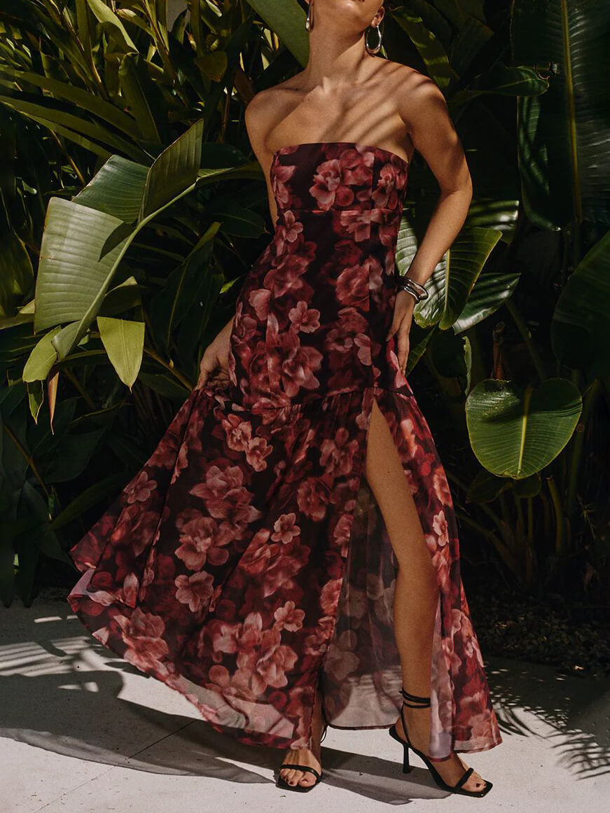 Midi-jurk met bloemen tube top en hoge split