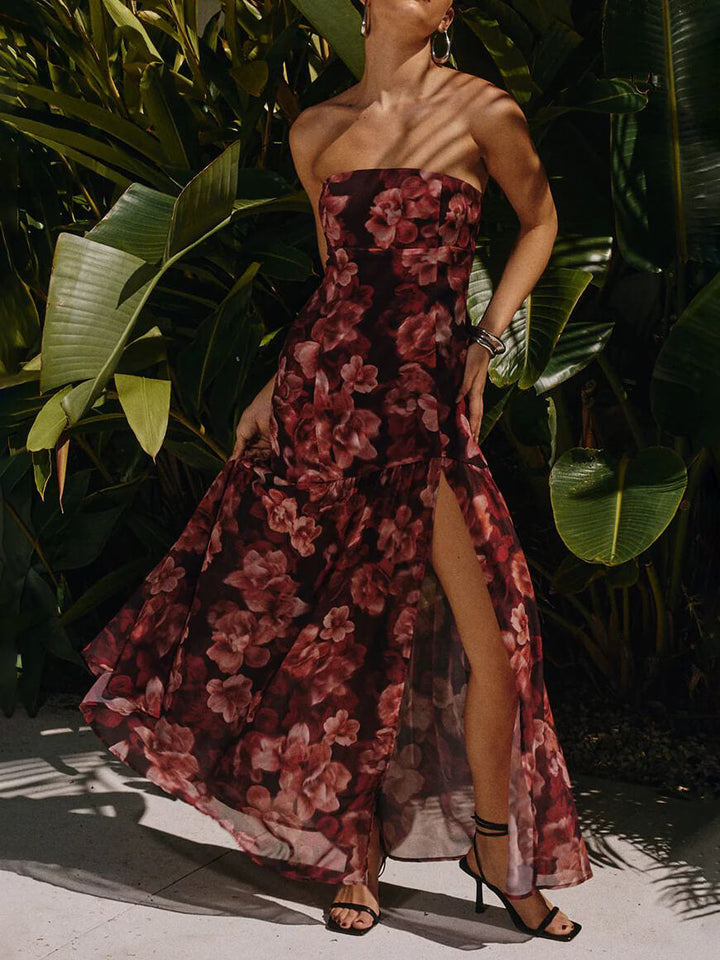 Midi-jurk met bloemen tube top en hoge split