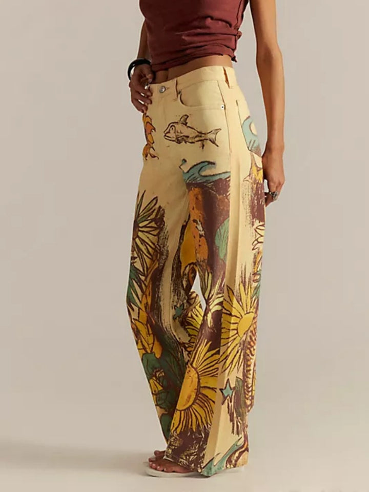 Jeans mit Sonnenblumenmuster, mittelhoch, gerade geschnitten