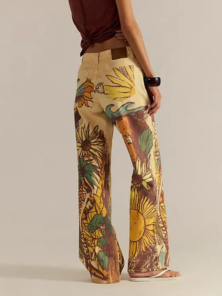 Jeans mit Sonnenblumenmuster, mittelhoch, gerade geschnitten